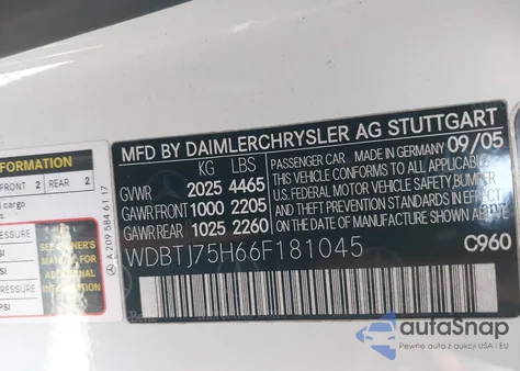 2006 Mercedes-Benz Clk 500 из США, поврежденный, VIN WDBTJ75H66F181045